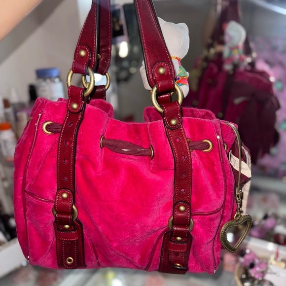 Vintage Juicy Couture Satchel Bag Hot pink Velour Embossed Y2K Hobo Shoulder bag - Picture 4 of 13